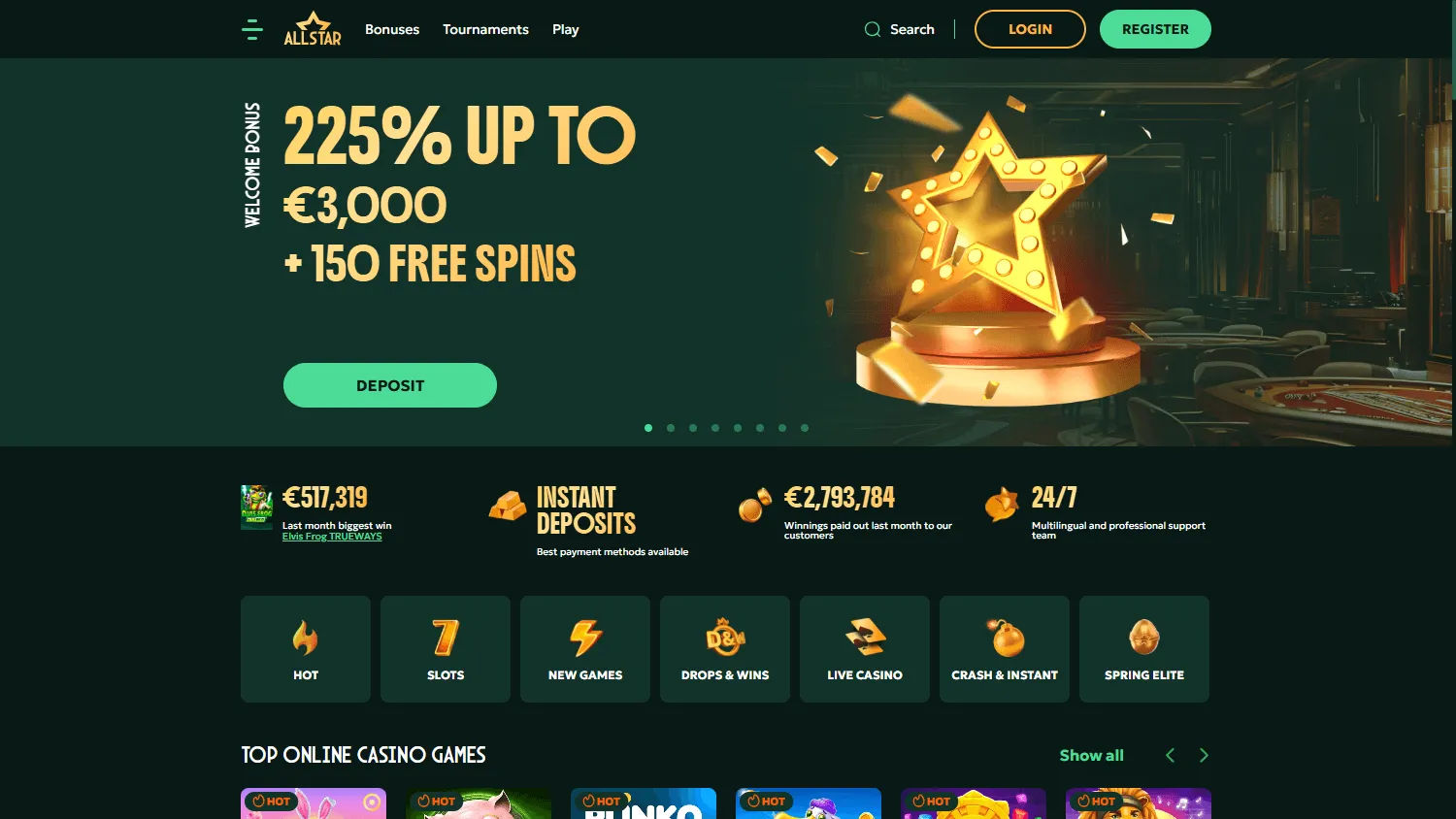 All Star Casino home page on desktop