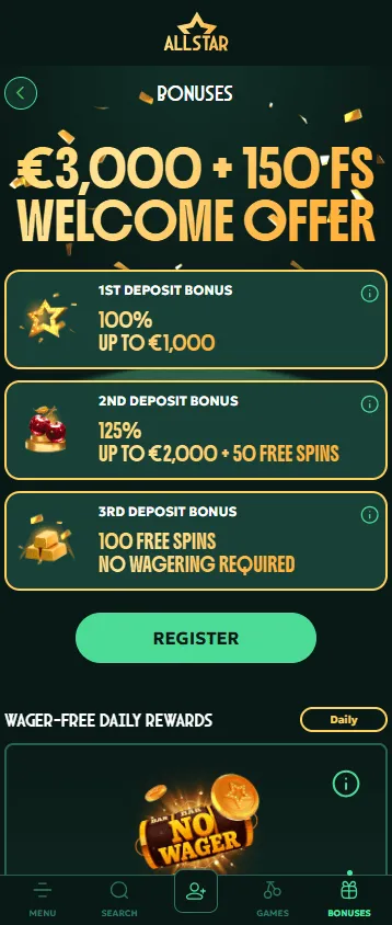 All Star Casino promotions area on a mobile device