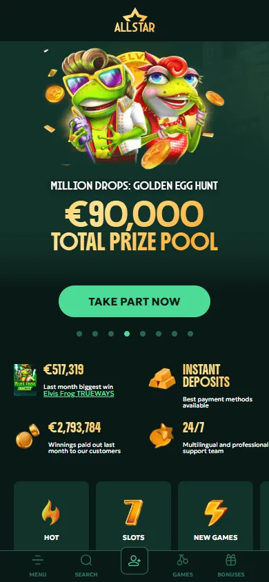 All Star Casino home page on a mobile device
