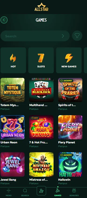 All Star Casino games area on a mobile device