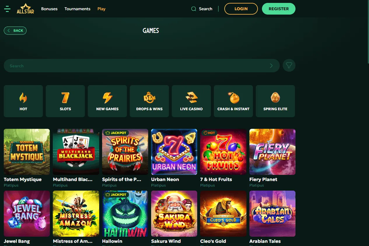 All Star Casino games area on desktop